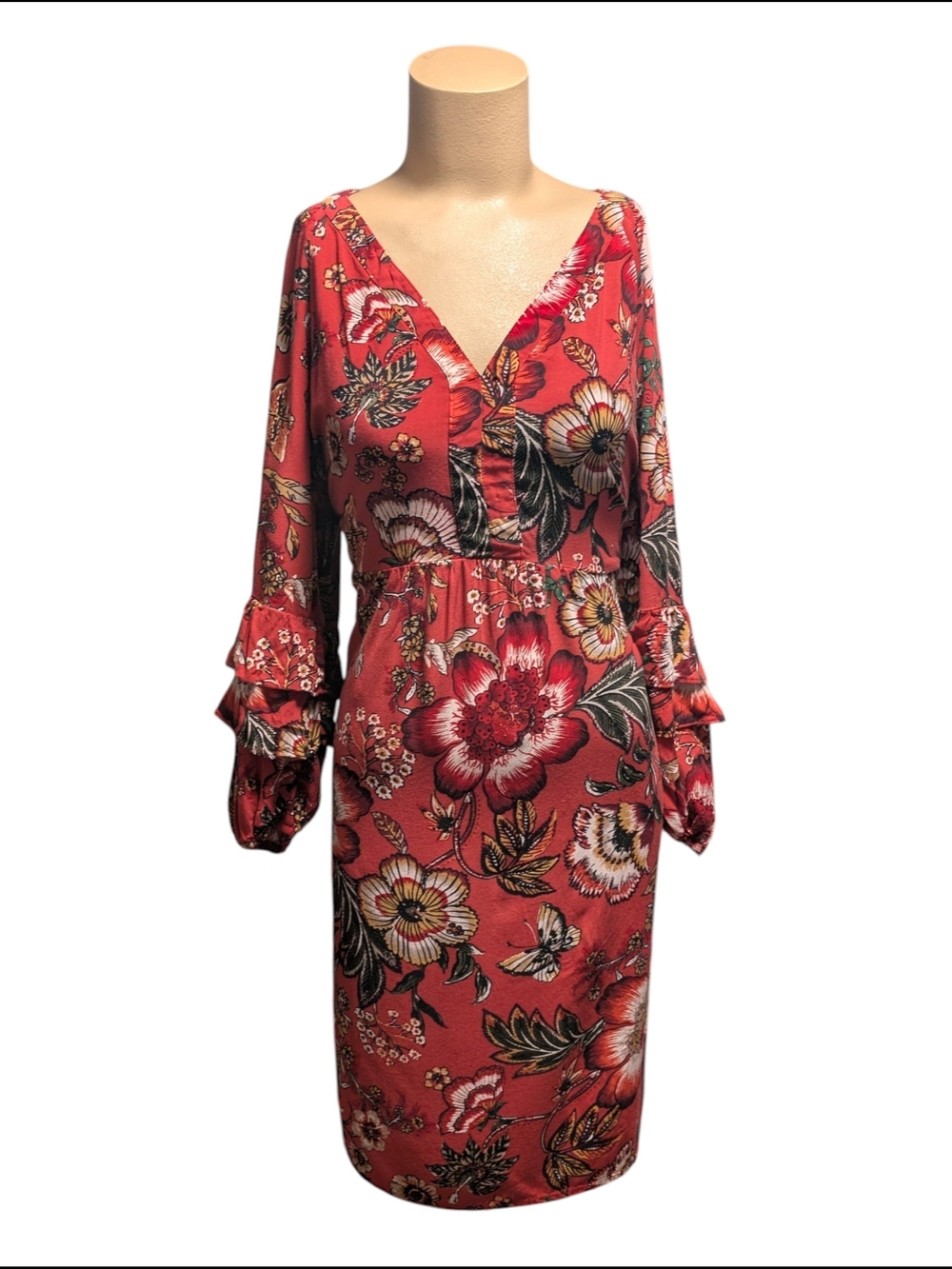 Hope Springs Floral Ruffle Sleeve Midi Dress Red Boho V-Neck Size Medium